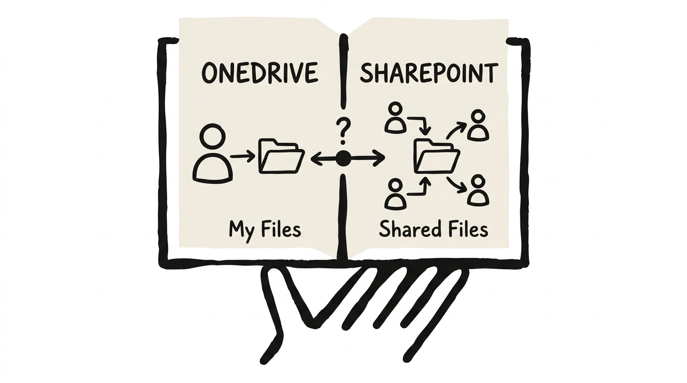 Illustration of an open book comparing OneDrive (My Files) and SharePoint (Shared Files)